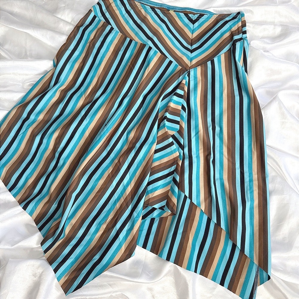 Tempted Striped Handkerchief Hem Midi Skirt Blue Brown Asymmetrical Y2K Medium